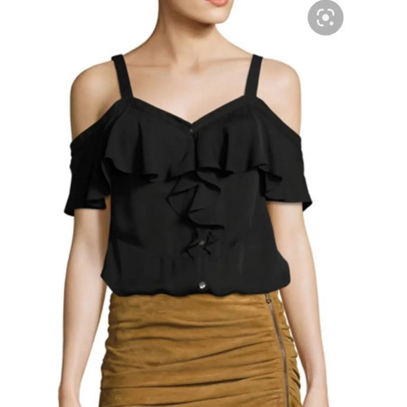 Veronica Beard Cold Shoulder Ruffle Trim V-Neck Blouse Top Black Women's Size 4 - Picture 1 of 5